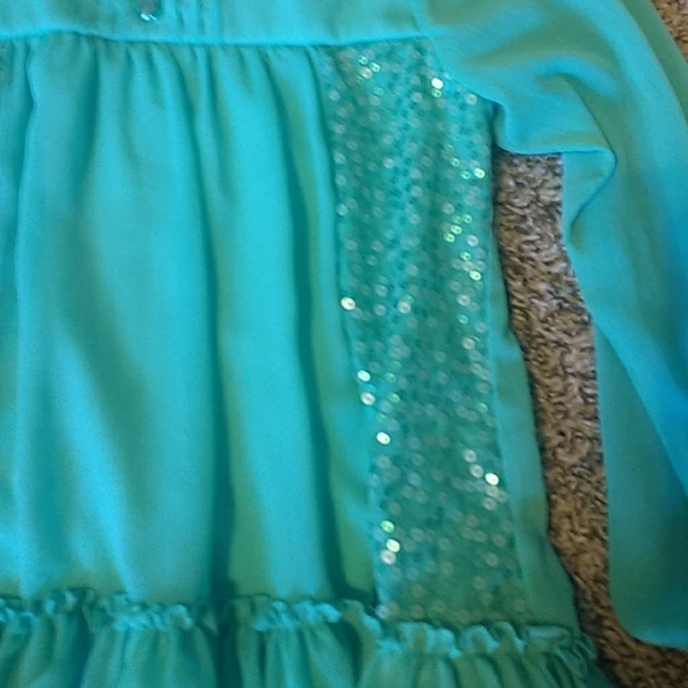 Jona Michelle Girls Teal Sequin Ruffle Long Sleeve Top Size 10 - Picture 4 of 5
